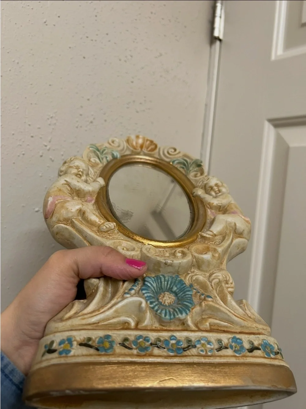 Small Ornate Cherub Tabletop Mirror in Cream and Gold